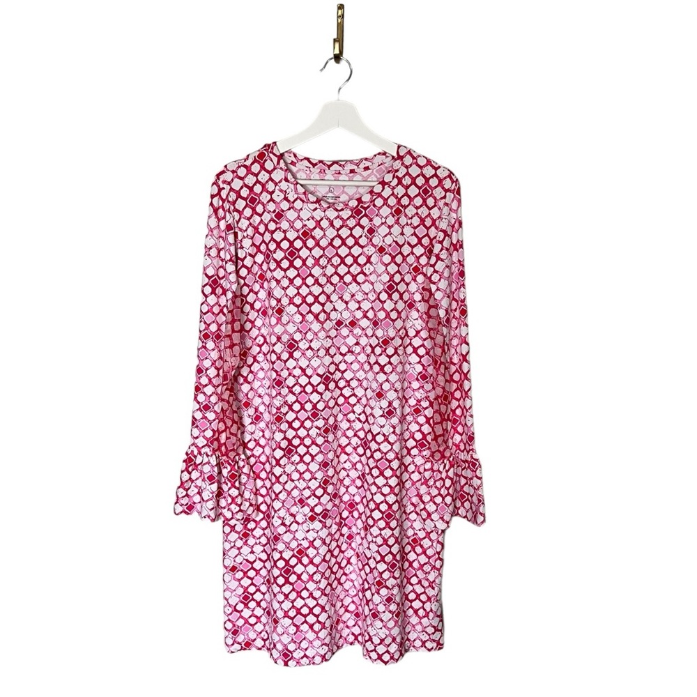 Ibkül Pink White Geo Print Long Mesh Sleeve 1/4 Popover Shift Active Dress Sz L
